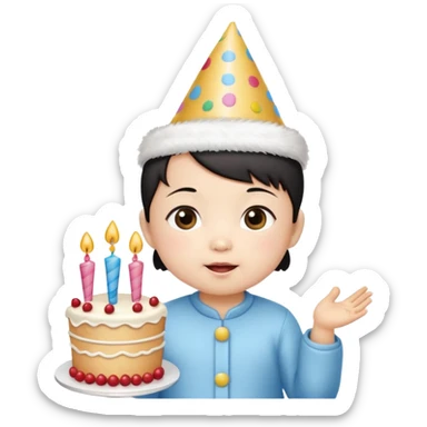 with chines cute baby wearing birthday hat with birthday cake sticker