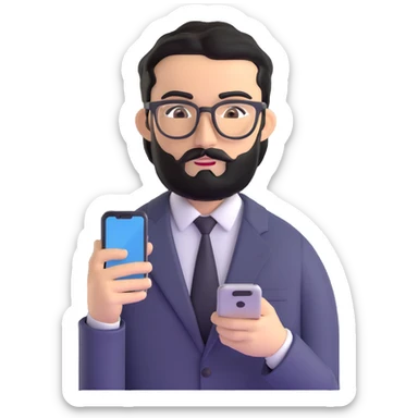 businessman with medium black beard, black hair styled to one side, connected unibrow, olive skin, brown eyes, glasses, prominent nose, in formal black jacket, focused on using smartphone touchscreen, with subtle modern office environment in background sticker
