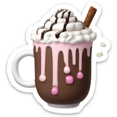 hot chocolate with mug and whip cream and chocolate drizzle and pale pink strawberry and marshmellows sticker