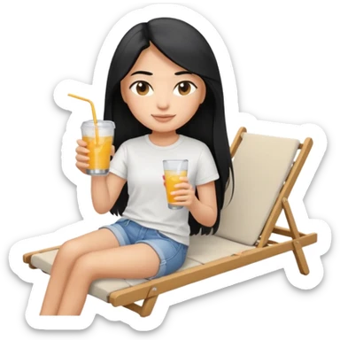 Memoji girl with long black hair with a relaxed expression, a slight smile, in summer clothes (T-shirt, shorts). You can add accessories, such as a drink in her hand or a lounger. sticker