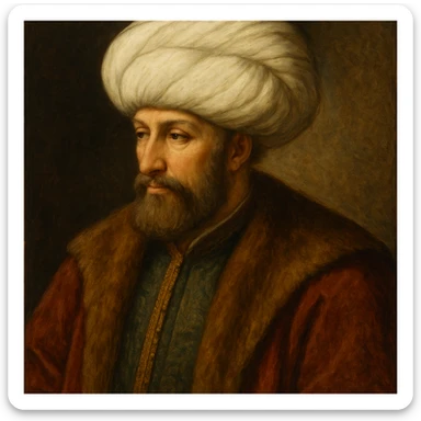 Fatih Sultan Mehmet, Ottoman sultan, wearing a turban and traditional robes, regal and wise expression, historical painting style sticker