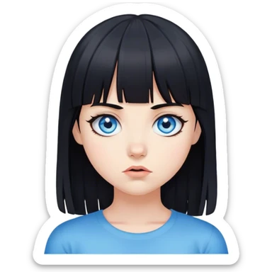 Girl with blue eyes and black hair with bangs shrugging sticker