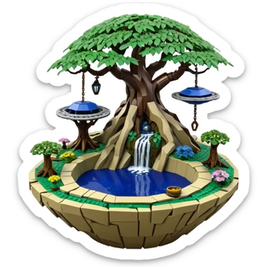 Alien Lego saucer hanging jungle-vines mountain-island landscape antique mudman very old broken cracked intricate Stone Age rocky-crusted irregular dodecagon-shaped shallow dark moss rough bark blue willow flowered maple tree bonsai pot sticker