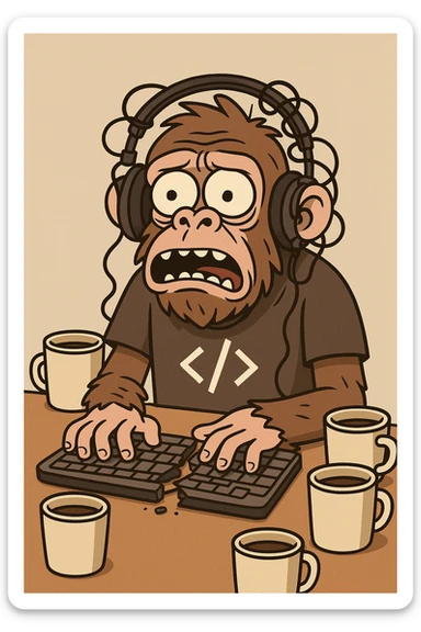 ugly coding ape, tangled headphones, broken keyboard, bug-eyed, coffee cups everywhere, funny, cartoon style sticker