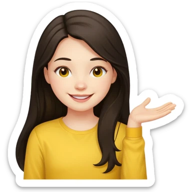 girl on her laptop, long dark hair white skin and yellow shirt long sleeves, smiling sticker