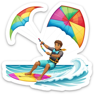 A kite surfer gliding across the water with a colorful kite soaring in the wind. The scene captures the excitement and fluid movement of the sport, with waves splashing around and a clear sky, emphasizing freedom and adventure. sticker