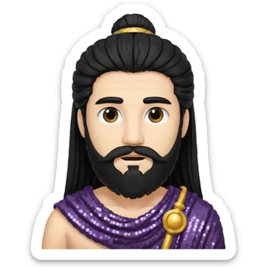 Saturn Time God with long black hair and beard, dark grey sequin toga sticker