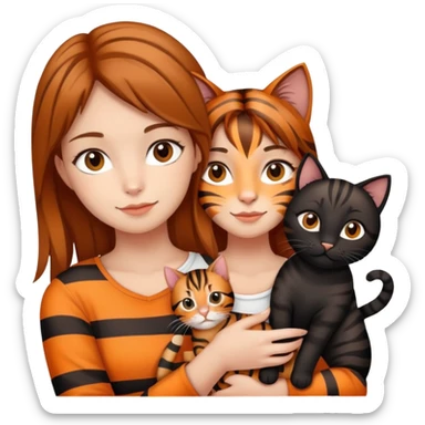 tan brown-haired girl holding two cats, one black cat and one orange tiger-striped cat sticker