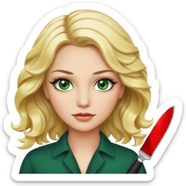 Emoji femme blonde cheveux blond ondulé, yeux vert avec de long cils noir qui porte un couteau sticker