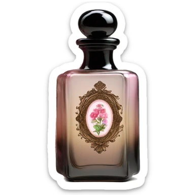 English vintage glass perfume bottle from my aristocratic grandmother, exquisite bottle shape, old and shabby, with label, stylish and minimalistic, black and brown with pink gradient, with little herbal and flowers  sticker