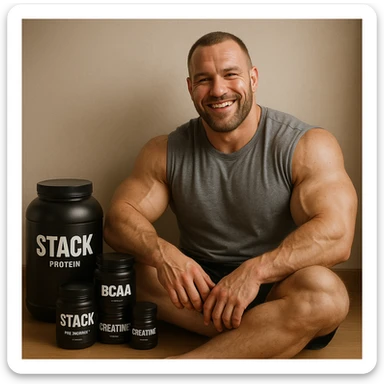 hyper realistic happy bodybuilder sitting next to a collection of 'stack' supplements, relaxed pose, positive atmosphere, realistic details, soft lighting sticker