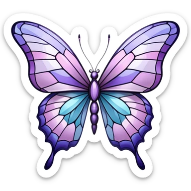 a stunningly detailed butterfly with lilac and ice-purple wings, adorned with an elegant mosaic-like pattern resembling stained glass. The wings should display a harmonious blend of swirling and geometric designs, giving them a mystical and artistic feel. The butterfly should have a graceful, elongated body with a subtle metallic sheen, enhancing its enchanting presence. sticker