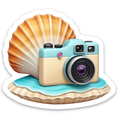 A seashell with a tiny camera next to it, symbolizing capturing beach memories. Playful, modern emoji style, soft pastel colors, white background. sticker
