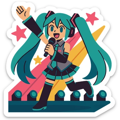 Hatsune Miku, performing on stage, energetic, teal hair, digital pop star sticker