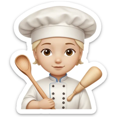 Cinematic Realistic Chef Hat & Rolling Pin, crisp white cotton hat with soft folds, resting beside a classic wooden rolling pin with smooth, polished curves, a light dusting of flour adding authenticity, warm kitchen lighting casting gentle shadows, glowing with a cozy and inviting charm. sticker