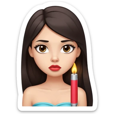 girl with lighter skin, dark brown long straight hair, pouty shiny lips without cupid's bow, large eyes, lighter button nose, long oval-shaped face, wearing a bandeau top sticker
