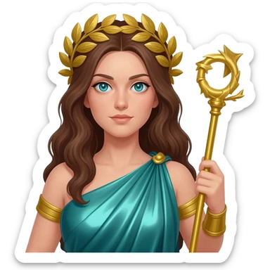 Juno from Roman Mythology with cyan-blue eyes, long brown hair, teal metallic peplos sticker
