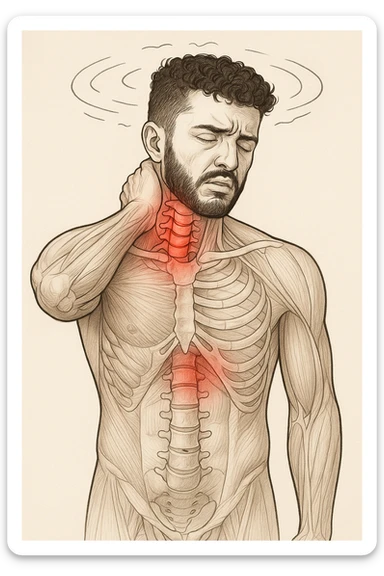 Uomo con dolore per infortunio vista anatomica in piedi con dolori cervicali vertigini e sbandamenti sticker