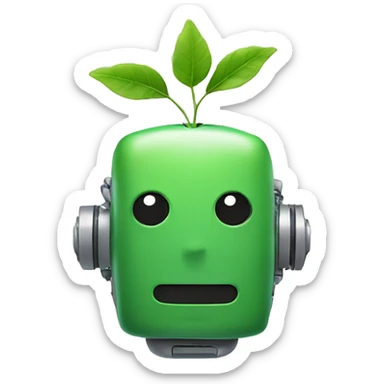 a green friend smiling robot with a leaf sticking at out of the top of his head sticker