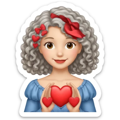 silvery curly/wavy shoulder-length hair smiling lady holding a heart sticker