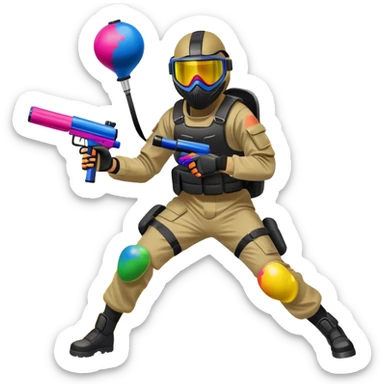 A dynamic scene of a player in action, holding a paintball gun and wearing protective gear. The background shows a vibrant paintball field with obstacles, colorful splatters of paint in the air, and an intense, competitive atmosphere. sticker
