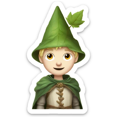 whimsical fairytale medieval pale boy who is tiny and wearing a leaf hat sticker