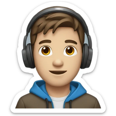 male, brown hair, brown eyes, headphones, blue hoodie sticker