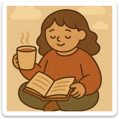 girl reading a book and drinking a cup of tea, soft illustration, cozy atmosphere sticker