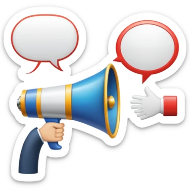 An icon featuring a megaphone, a billboard, and a handshake, symbolizing advertising and public relations. The design includes a speech bubble and media icons, representing communication and brand messaging. Transparent background highlights the influence of PR and marketing strategies. sticker