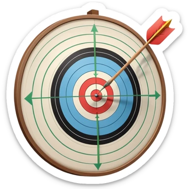 A bow with an arrow drawn back, aimed at a target with concentric rings. The background suggests a calm, outdoor archery range, emphasizing the precision, focus, and skill required in archery as a competitive sport. sticker