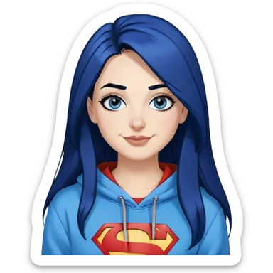 Happy-30-year-old-adult-long-straight-dark-blue-hair-black-ends-blue-eyes-thick-black-eyeliner-really-thick-really-long-eye-lashes-sky-blue-superman-no-ears-hoodie-sweatshirt-nose-piercing-lip-piercing sticker