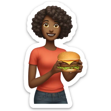 A woman holds a burger in one hand and healthy food in the other sticker