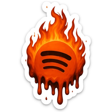 Add a melting effect to the Spotify logo with flames, as if the logo is dripping and partially liquefied. Keep the dramatic fire and bold look. The image should have no background. The style should resemble the original Spotify logo style with a fiery, melting effect. sticker