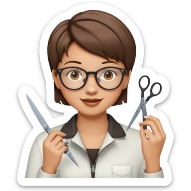 Happy woman with very short hair and glasses having haircut  with scissorsemoji sticker