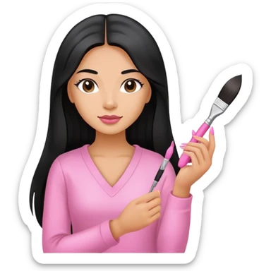 Pink Nail Tech with black long hair holding small acrylic brush sticker