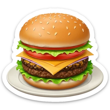 Draw a hamburger on a plate using a front camera with a 10-degree angle from the ground, ensuring the object remains stationary without rotation or tilt. sticker