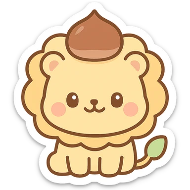 kawaii lion with a chestnut as a hat, round and chubby face, soft color palette, chibi style, warm friendly smile sticker