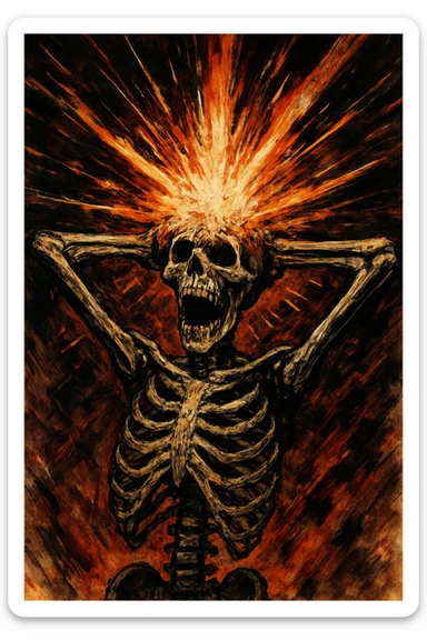 skeleton with hands behind head, head bursting in an energetic explosion, expressive and dramatic sticker