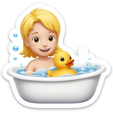 child splashing in a bathtub with rubber duck and bubbles, happy face sticker