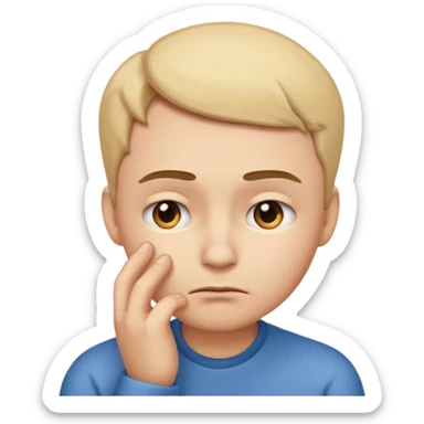 Genera un emoji estilo Apple que represente inseguridad física: un rostro neutral mirando hacia abajo, con cejas ligeramente inclinadas y una mano tocándose la mejilla como si dudara de sí mismo. Expresión suave, triste pero empática sticker