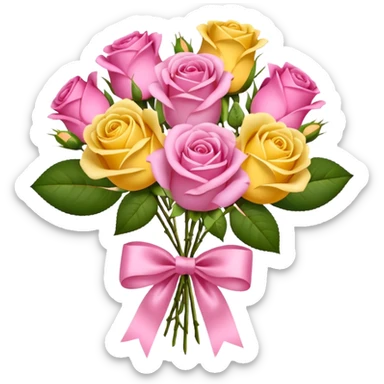 A bouquet of flowers, composed of pink and yellow roses, four blooms in total, tied with ribbon. sticker