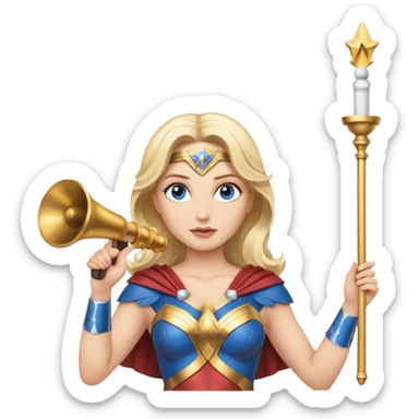 Blonde blue eyed Wonder Woman holding white orchestra conductor’s baton and bell sticker