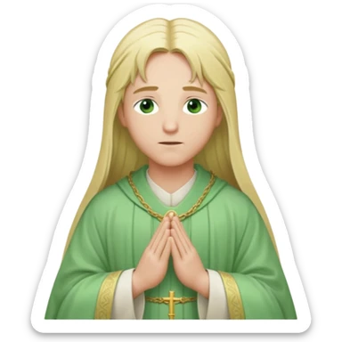 a young bishop, green eyes, long blonde hair, light green wide, flowing outer robe. hands clasped together, eyes closed. Soft light, subtle fern. Waist-up, profile. sticker