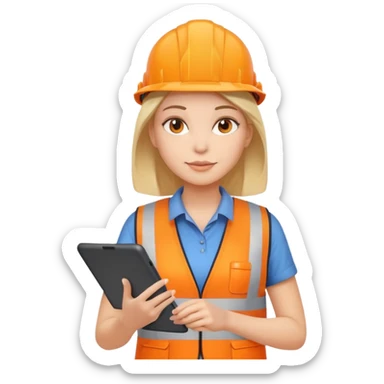 worker woman wearing orange west holding a tablet sticker