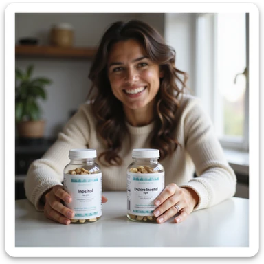 realistic photograph of a woman sitting at a table, smiling while customizing the dose of Myo-Inositol and D-chiro-Inositol, two separate packages with clear labels, bright domestic environment, positive atmosphere, natural light sticker