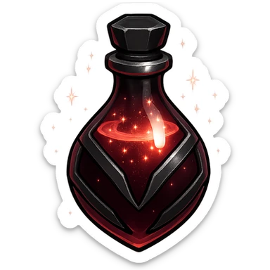 prabangus eliksyro buteliukas, lašo forma, Discord edgy ir cool stilius, tamsiai raudona spalva, juodos ir sidabrinės detalės, labai mažas kaklelis, vientisas dugnas, buteliukas plūduriuoja ore, be pagrindo ar šešėlio, modernus, kolekcijai tinkamas, su magiškais švytėjimais ir blizgesio efektais, skaidrus fonas sticker