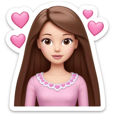 Barbie girl and  makeup , brown long straight hair and brown eyes is In pale pink clothes There are pink hearts all around sticker