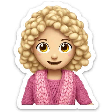 Blonde girl crocheting with yarn pink balls sticker