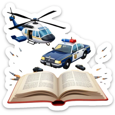 Icon for Action & Crime Reading: an open large book with text on the pages, a police car is driving out, with explosions behind, a helicopter flying above, a pistol with bullets in the front. The icon should capture the thrilling action and suspense of crime stories. Transparent background. sticker