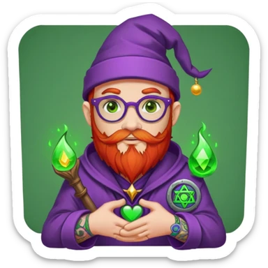 Cartoon DevOps wizard with red beard, no glasses, "I ❤️ YAML" shirt, purple hat, casting green magic. Grafana logo tattoos around eyes. GitOps patch on sleeve. Sticker style with clean outline, transparent background. sticker